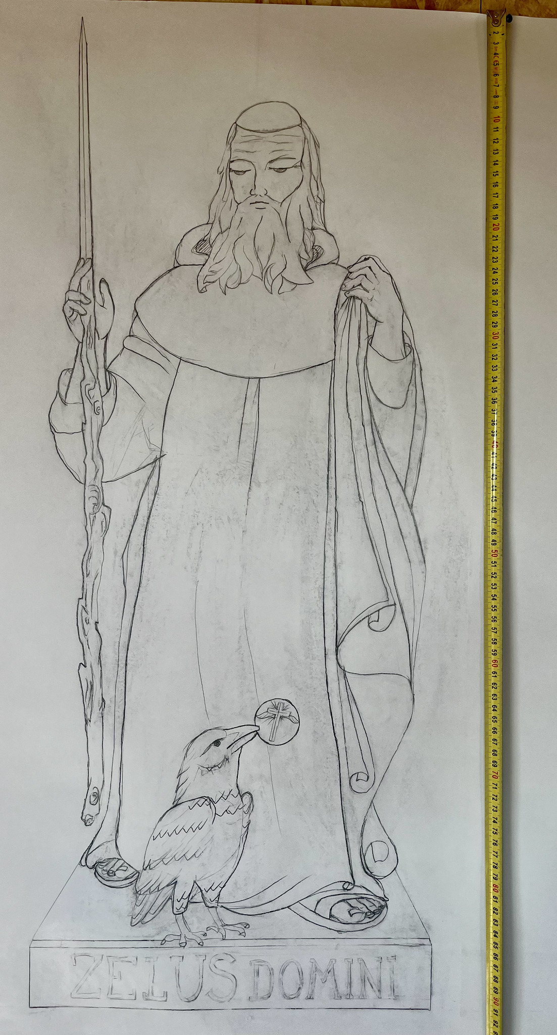 Esquisse au crayon du prophète Élie avec son bâton et le corbeau